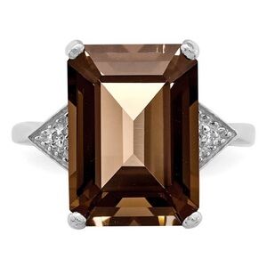 925 Sterling Silver Rhodium-Plated 14x10mm Smoky Quartz gem Diamond Accent Ring